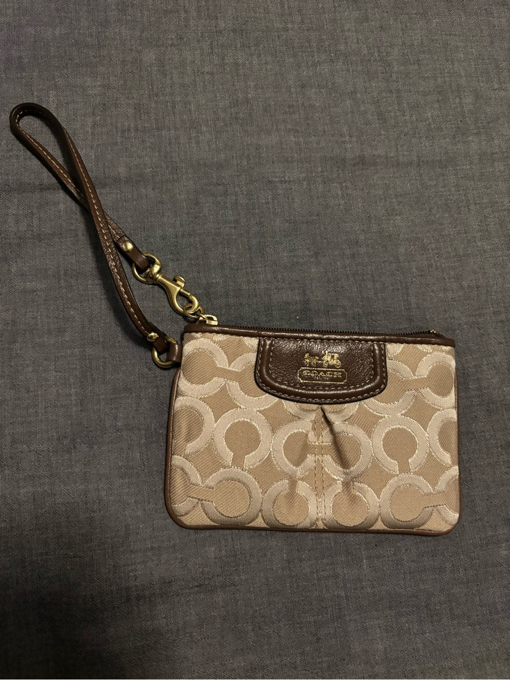 Coach Beige Signature C Logo Wristlet with Brown Leather Trim